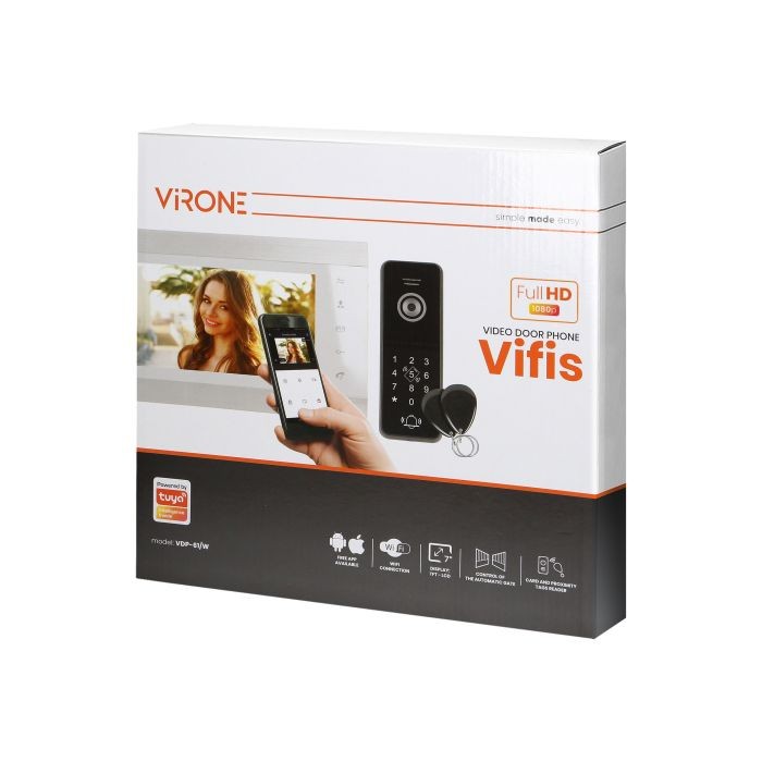 Wideodomofon VDP-61FHD/W Virone Zestaw wideodomofonowy, bezsłuchawkowy, monitor 7" LCD, menu OSD, WI-FI + APP na telefon, z gniazdem na kartę pamięci TF, z kamerą Full HD 1080p, szyfratorem i czytnikiem kart i breloków zbliżeniowych, biały, VIFIS Full HD