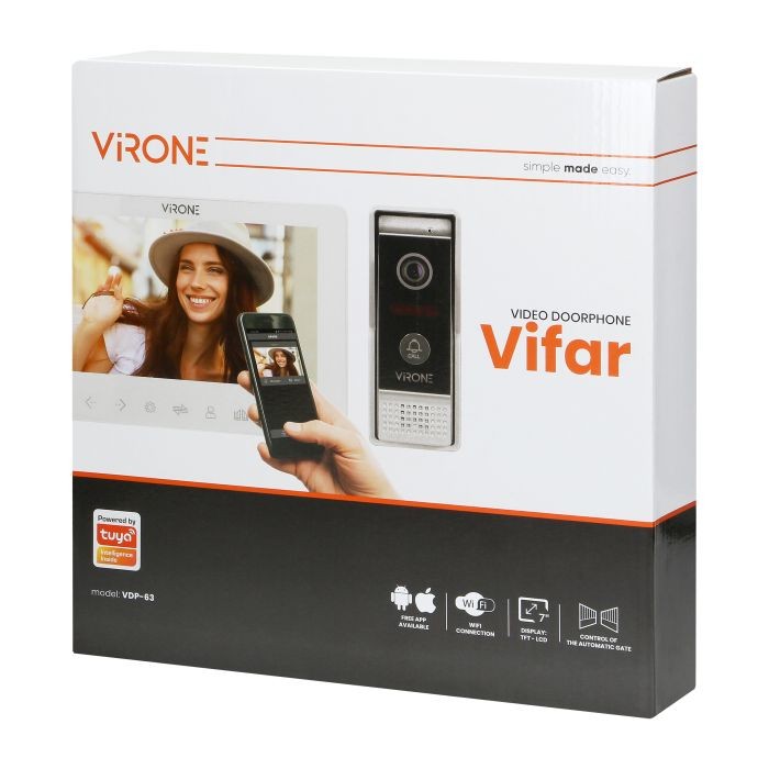 Wideodomofon VDP-63 Virone Zestaw wideodomofonowy, bezsłuchawkowy, monitor 7"LCD, menu OSD, WI-FI + APP na telefon, z gniazdem na kartę pamięci TF, sterowanie bramą, biały, VIFAR