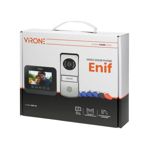 Wideodomofon VDP-62 Virone Zestaw wideodomofonowy bezsłuchawkowy, monitor 4,3" LCD, z czytnikiem breloków zbliżeniowych 125kHz, czarny, ENIF RFID