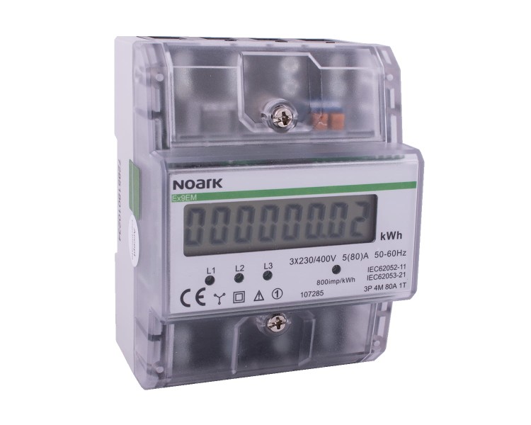 Licznik energii 3-fazowy, 4-modułowy, 80A, jednotaryfowy, wyświetlacz LCD Ex9EM 3P 4M 80A 1T 107285 Noark na szynę DIN