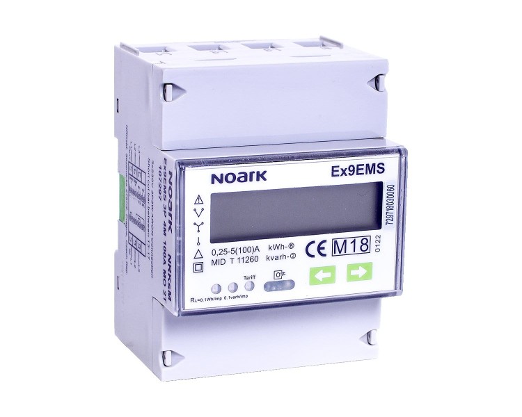 Inteligentny licznik energii 3-fazowy, 4-modułowy, przekładnik prądowy, komunikacja ModBus, dwutaryfowy, wyświetlacz LCD, MID Ex9EMS 3P 4M CT MO 2T 107300 Noark na szynę DIN