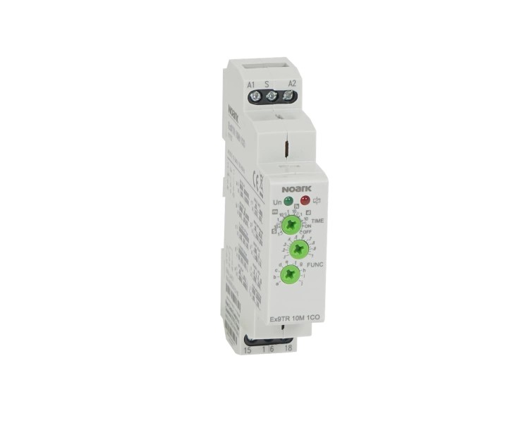 Wielofunkcyjny przekaźnik czasowy, 10 funkcji, styk 1 CO 16A, 12-240V AC/DC Ex9TR 10M 1CO 111732 Noark na szynę DIN