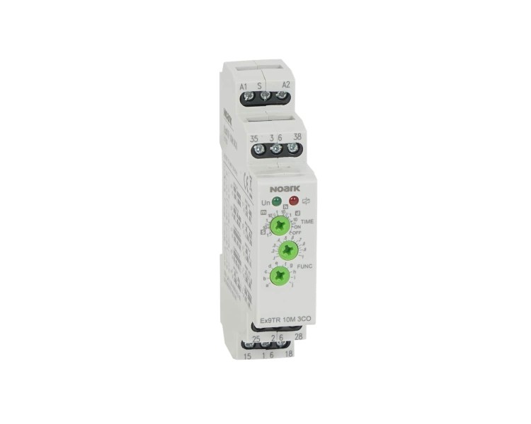 Wielofunkcyjny przekaźnik czasowy, 10 funkcji, styk 1 CO 16A oraz 2 CO 8A, 12-240V AC/DC Ex9TR 10M 3CO 111733 Noark na szynę DIN