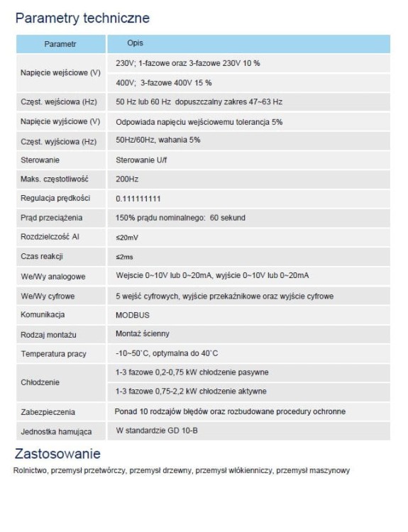 Falownik Przemiennik Częstotliwości INVT 0,75kW 230V 1F jednofazowy GD10-0R7G-S2-B - Prąd 4.2A Skalarny