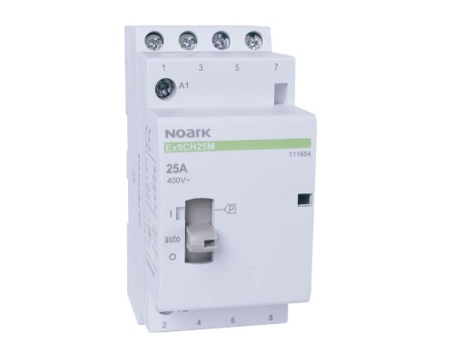 Stycznik instalacyjny z możliwością sterowania ręcznego, 25A, napięcie cewki 24V AC, styki 2 NO + 2 NC Ex9CH25M 22 24V EU 111641 Noark ze sterowaniem ręcznym sterowanie ręczne