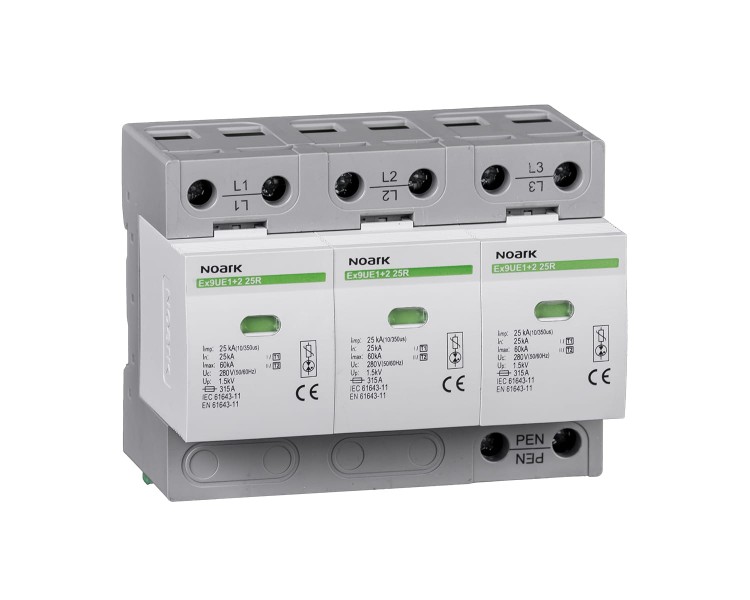 Ogranicznik przepięć, typ I+II, 280 V AC, 25 kA, wymienna wkładka, 3-bieg. Ex9UE1+2 25 3P 280 105503 Noark