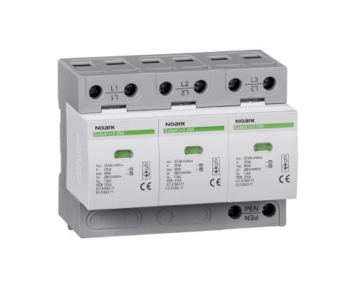 Ogranicznik przepięć, typ I+II, 280 V AC, 25 kA, wymienna wkładka, 3-bieg., styk pomocniczy Ex9UE1+2 25R 3P 280 105504 Noark