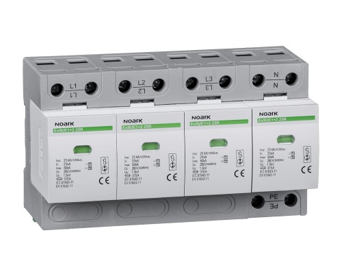 Ogranicznik przepięć, typ I+II, 280 V AC, 25 kA, wymienna wkładka, 4-bieg. Ex9UE1+2 25 4P 280 105507 Noark