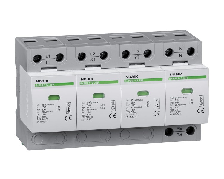 Ogranicznik przepięć, typ I+II, 280 V AC, 25 kA, wymienna wkładka, 4-bieg., styk pomocniczy Ex9UE1+2 25R 4P 280 105508 Noark
