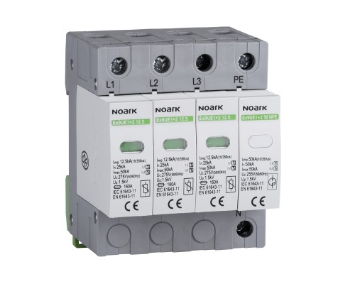 Ogranicznik przepięć, typ I+II, 275 V AC, 12,5 kA, wymienna wkładka, 3+N-bieg. Ex9UE1+2 12.5 3PN 275 103340 Noark
