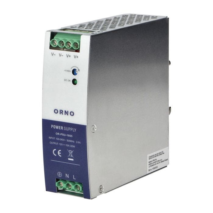 Zasilacz przemysłowy na szynę DIN, 12VDC 10A 120W, obudowa metalowa OR-PSU-1665 Orno z regulacją napięcia wyjścia DC