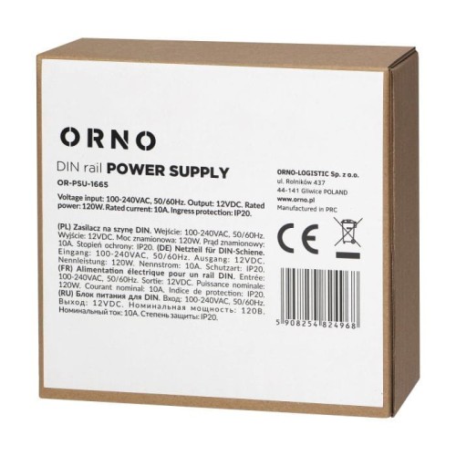 Zasilacz przemysłowy na szynę DIN, 12VDC 10A 120W, obudowa metalowa OR-PSU-1665 Orno z regulacją napięcia wyjścia DC
