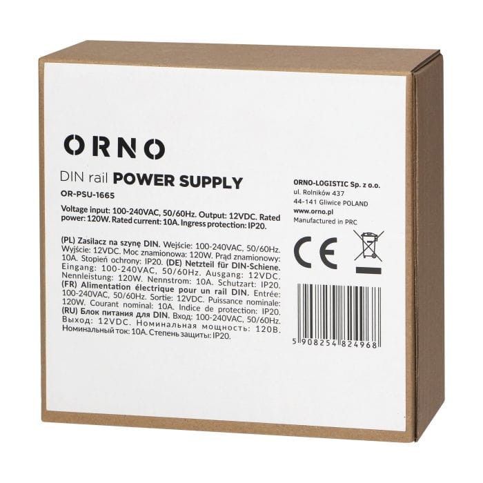 Zasilacz przemysłowy na szynę DIN, 12VDC 10A 120W, obudowa metalowa OR-PSU-1665 Orno z regulacją napięcia wyjścia DC