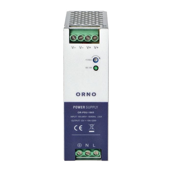 Zasilacz przemysłowy na szynę DIN, 12VDC 10A 120W, obudowa metalowa OR-PSU-1665 Orno z regulacją napięcia wyjścia DC