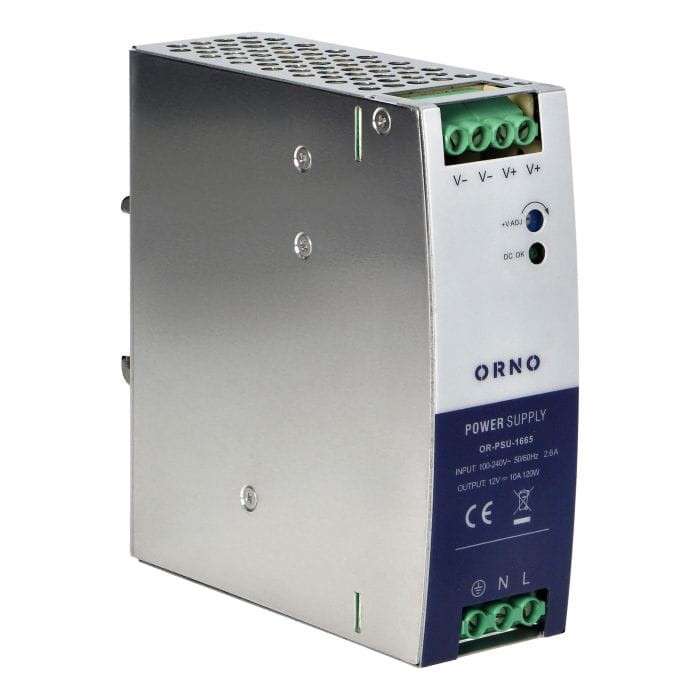 Zasilacz przemysłowy na szynę DIN, 12VDC 10A 120W, obudowa metalowa OR-PSU-1665 Orno z regulacją napięcia wyjścia DC