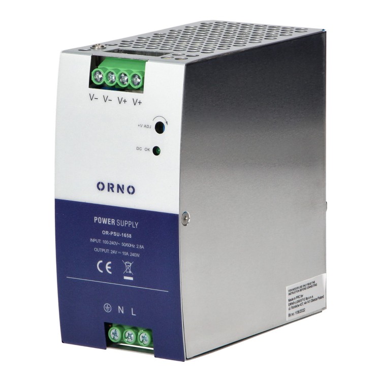 Zasilacz przemysłowy na szynę DIN, 24VDC 10A 240W, obudowa metalowa OR-PSU-1658 Orno z regulacją napięcia wyjścia DC