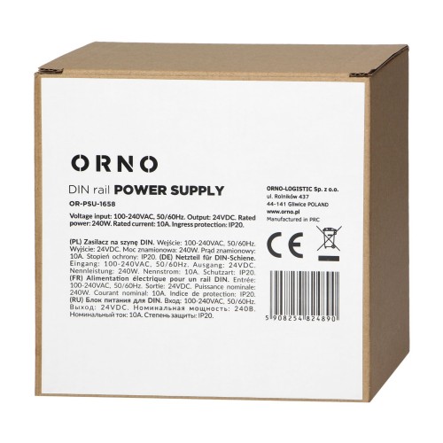 Zasilacz przemysłowy na szynę DIN, 24VDC 10A 240W, obudowa metalowa OR-PSU-1658 Orno z regulacją napięcia wyjścia DC