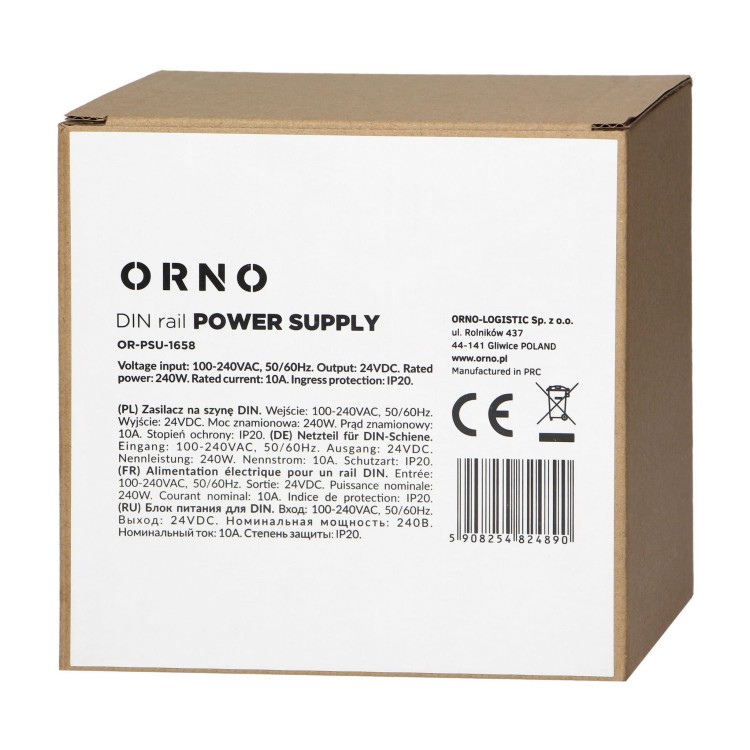 Zasilacz przemysłowy na szynę DIN, 24VDC 10A 240W, obudowa metalowa OR-PSU-1658 Orno z regulacją napięcia wyjścia DC