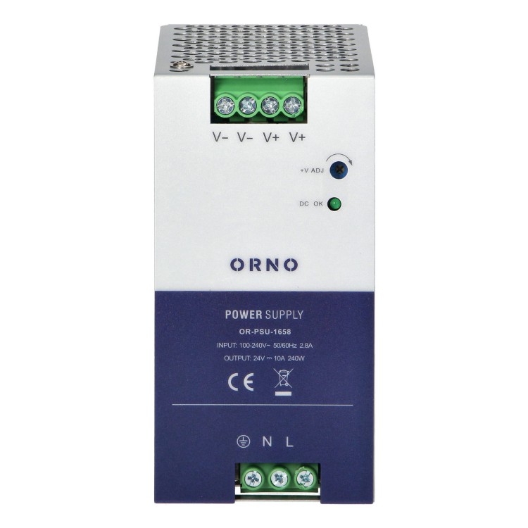 Zasilacz przemysłowy na szynę DIN, 24VDC 10A 240W, obudowa metalowa OR-PSU-1658 Orno z regulacją napięcia wyjścia DC