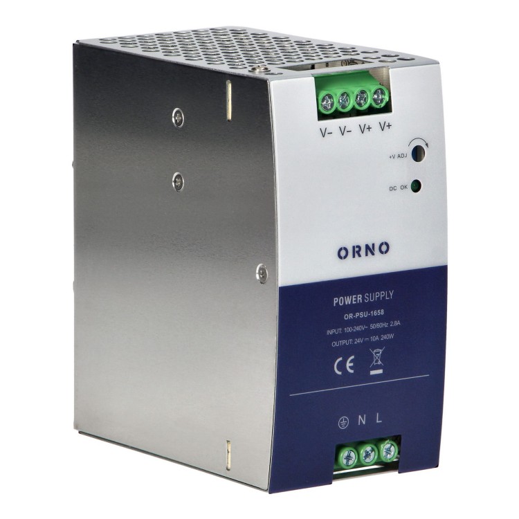 Zasilacz przemysłowy na szynę DIN, 24VDC 10A 240W, obudowa metalowa OR-PSU-1658 Orno z regulacją napięcia wyjścia DC
