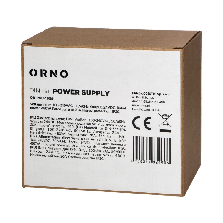 Zasilacz przemysłowy na szynę DIN, 24VDC 20A 480W, obudowa metalowa OR-PSU-1659 Orno z regulacją napięcia wyjścia DC