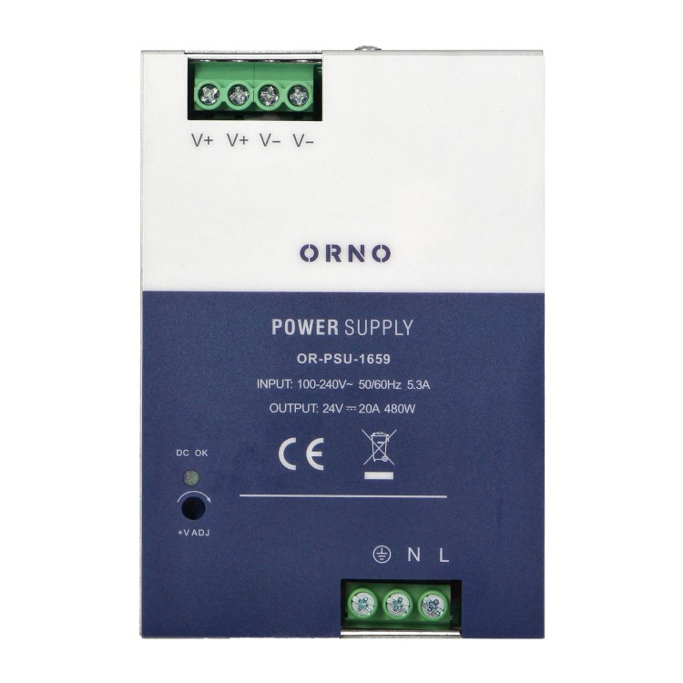 Zasilacz przemysłowy na szynę DIN, 24VDC 20A 480W, obudowa metalowa OR-PSU-1659 Orno z regulacją napięcia wyjścia DC