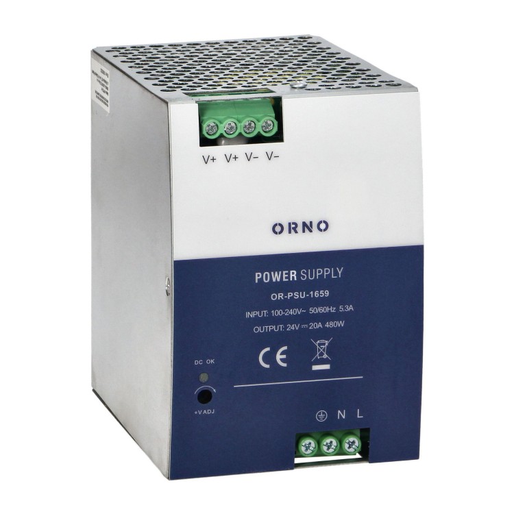 Zasilacz przemysłowy na szynę DIN, 24VDC 20A 480W, obudowa metalowa OR-PSU-1659 Orno z regulacją napięcia wyjścia DC