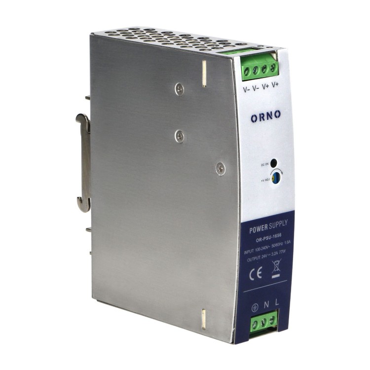 Zasilacz przemysłowy na szynę DIN, 24VDC 3,2A 77W, obudowa metalowa OR-PSU-1656 Orno z regulacją napięcia wyjścia DC