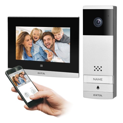 Zestaw wideodomofonowy 7" komplet Wave EXTEL720313 Extel SMART wideodomofon LCD dzwonek bezprzewodowy do 350m z WiFi + APP bezsłuchawkowy dotykowy OSD sterowanie furtką i bramą Inteligentny telefonem i głosem Google Home Alexa czarno-srebrny