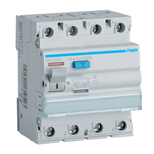 Wyłącznik różnicowoprądowy 3P+N 25A/30mA Typ AC 6kA CDC425J Hager RCCB 25A 30mA różnicówka