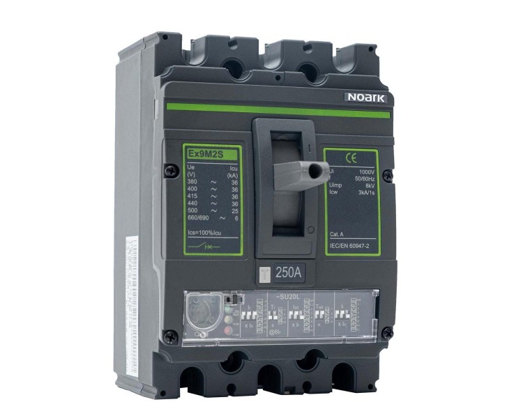 Wyłącznik mocy MCCB, rozmiar M2, SU20L (DIP), Icu=100kA, In=63A, 3-bieg. Ex9M2H SU20L 63 3P EU 111208 Noark kompaktowy z elektronicznym wyzwalaczem