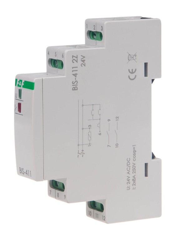 Przekaźnik bistabilny 9÷30 V AC/DC 2Z BIS-411 2Z 24V, montaż na szynie DIN BIS-411-2Z-24V F&F