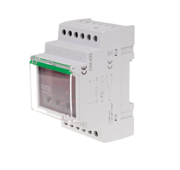 Ogranicznik z funkcją przekaźnika napięciowego, LCD, pomiar do 10kW, montaż na szynie DIN OM-633 F&F