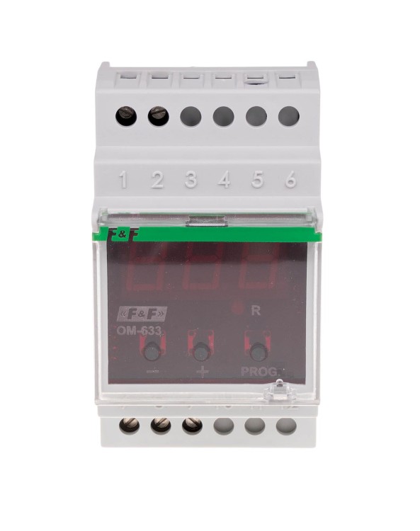 Ogranicznik z funkcją przekaźnika napięciowego, LCD, pomiar do 10kW, montaż na szynie DIN OM-633 F&F