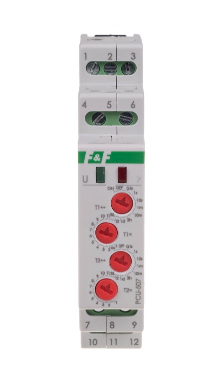 Przekaźnik czasowy 2-funkcyjny (nastawa 2 czasów T1 T2, styk: 2xNO/NC 230V PCU-507 F&F