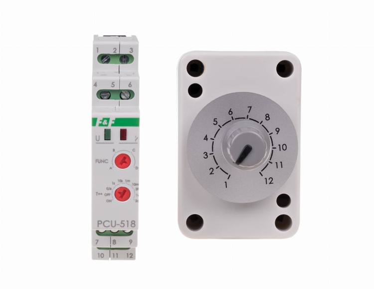 Przekaźnik czasowy z zewnnetrznym potencjometrem nastawy czasu, styk: 1NO/NC, U=230 i 24V PCU-518DUO F&F
