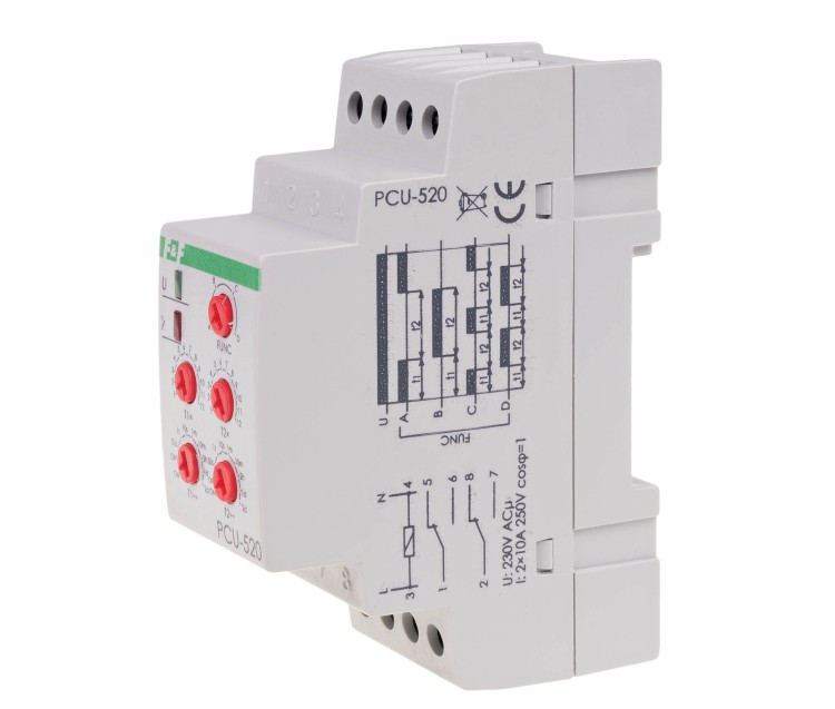 Przekaźnik czasowy 2-funkcyjny (nastawa 2 czasów T1 T2, styk: 2xNO/NC 230V PCU-520 F&F