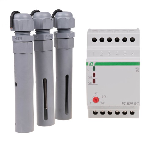 Przekaźnik kontroli poziomu cieczy dwu stanowy z regulacją czułości sond PZ-829 RC, montaż na szynie DIN, styk: 2x1NO/NC 230V PZ-829RC F&F