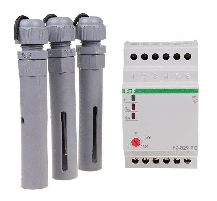Przekaźnik kontroli poziomu cieczy dwu stanowy z regulacją czułości sond PZ-829 RC, montaż na szynie DIN, styk: 2x1NO/NC 230V PZ-829RC F&F