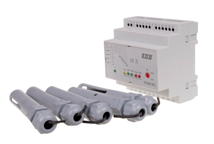 Przekaźnik kontroli poziomu cieczy z sondą PZ-832 RC, montaż na szynie DIN, styk: 4x1NO/NC 230V PZ-832RC F&F