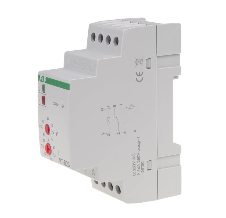Regulator temperatury - zakres temperatur 60÷95°C montaż na szynie DIN, styk: 1NO/NC 230V AC RT-823 F&F