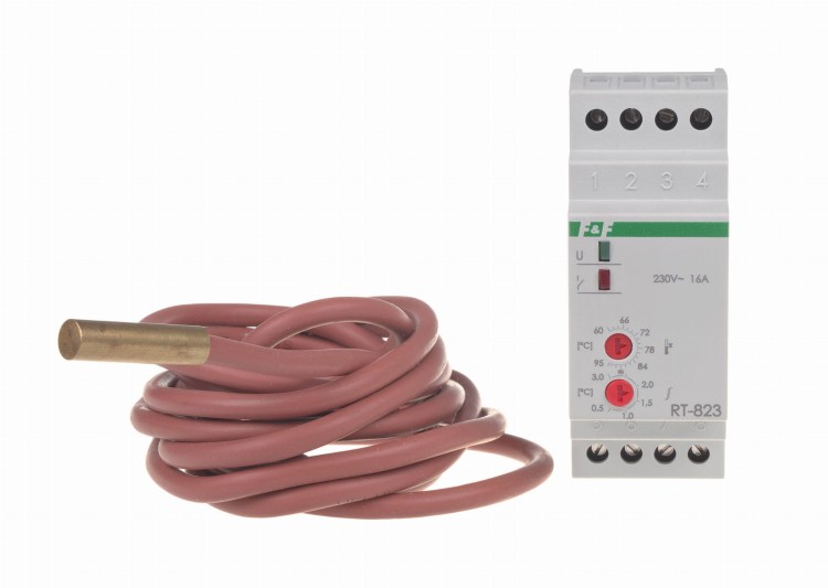 Regulator temperatury - zakres temperatur 60÷95°C montaż na szynie DIN, styk: 1NO/NC 230V AC RT-823 F&F