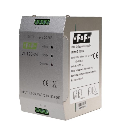 Zasilacz impulsowy przemysłowy nap. wej. 90÷264V AC/120÷370V DC, P=120W nap. Wyj. 24V DC ZI-120-24V F&F
