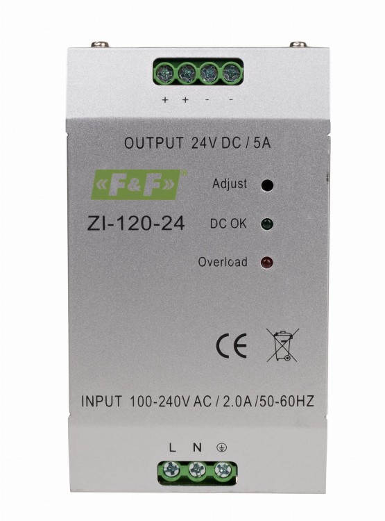 Zasilacz impulsowy przemysłowy nap. wej. 90÷264V AC/120÷370V DC, P=120W nap. Wyj. 24V DC ZI-120-24V F&F