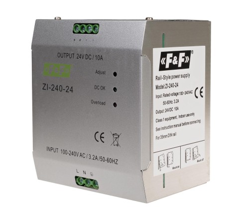 Zasilacz impulsowy przemysłowy nap. wej. 90÷264V AC/120÷370V DC, P=240W nap. Wyj. 24V DC ZI-240-24V F&F