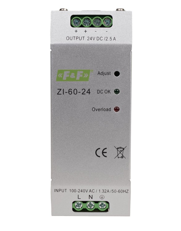 Zasilacz impulsowy przemysłowy nap. wej. 90÷264V AC/120÷370V DC, P=60W nap. Wyj. 24V DC ZI-60-24V F&F
