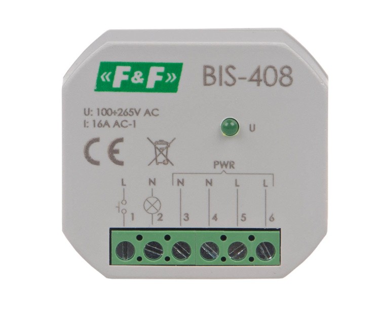 Przekaźnik bistabilny,  podtynkowy, do podświetlanych przycisków, montaż podtynkowy BIS-408 F&F