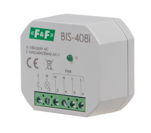 Przekaźnik bistabilny,  podtynkowy, do podświetlanych przycisków z przekaźnikiem inrush 160A/20ms BIS-408-LED F&F