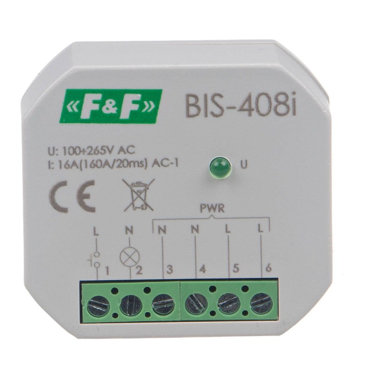 Przekaźnik bistabilny,  podtynkowy, do podświetlanych przycisków z przekaźnikiem inrush 160A/20ms BIS-408-LED F&F