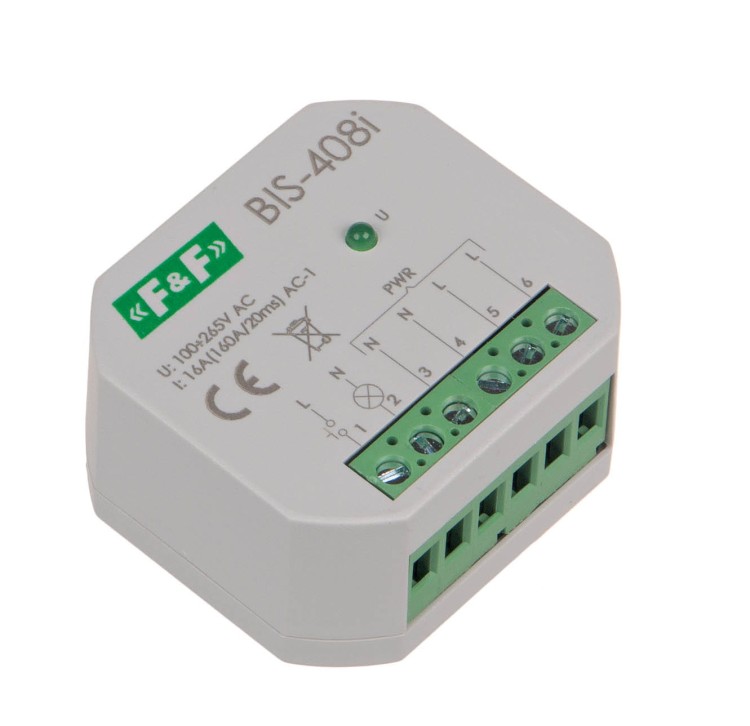 Przekaźnik bistabilny,  podtynkowy, do podświetlanych przycisków z przekaźnikiem inrush 160A/20ms BIS-408-LED F&F